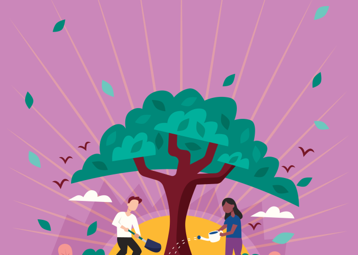 A graphic of a man and a woman tending a tree